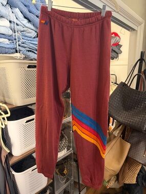 Aviator Nation Burgundy Track Joggers with Blue, Orange & Yellow Stripes